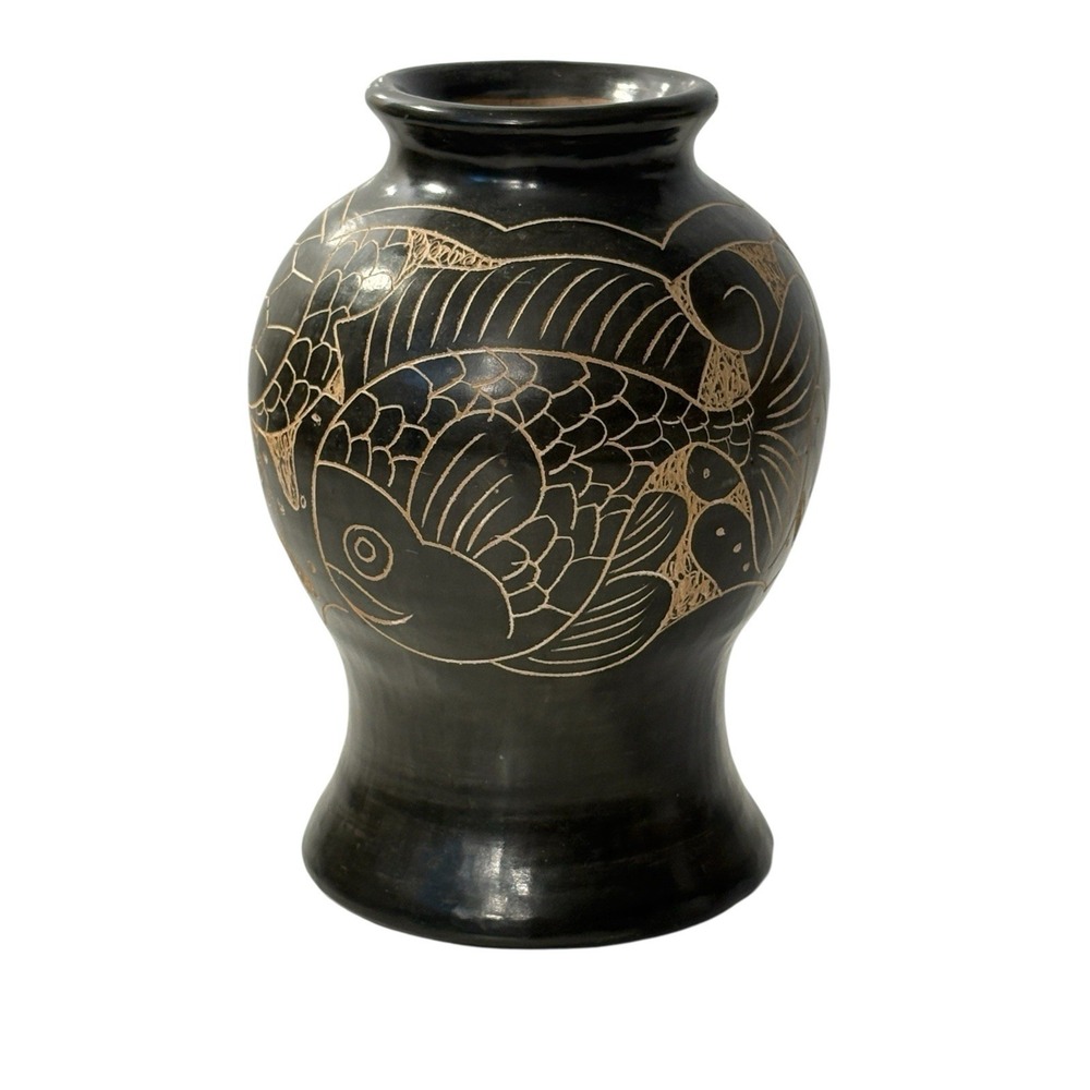 Koi Fish Turtle Pottery Bud Vase Hand Made Carved Clay 5" Honduran Ethnics Black
